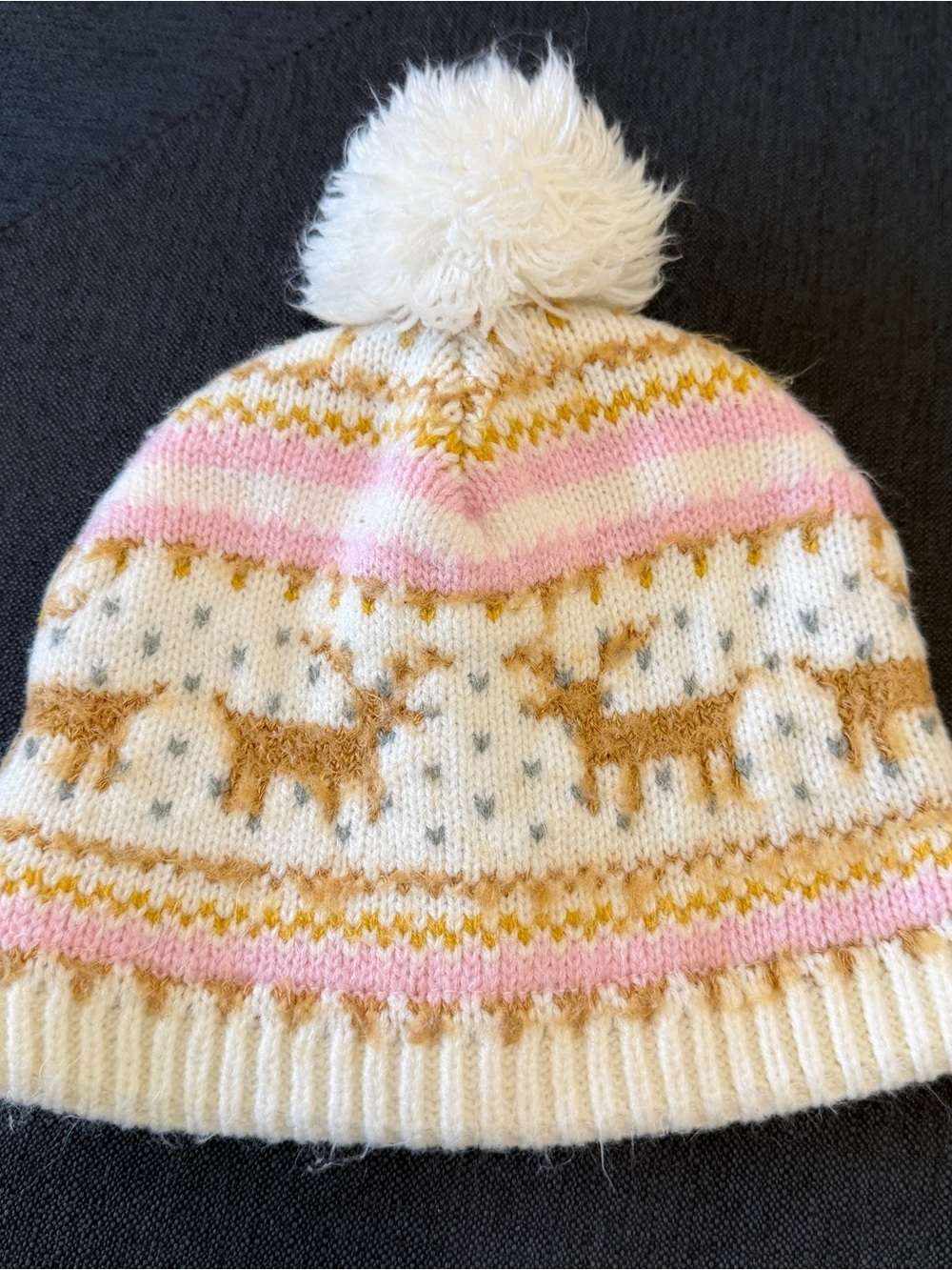 Pink and White Reindeer Knit Beanie with Pom Pom